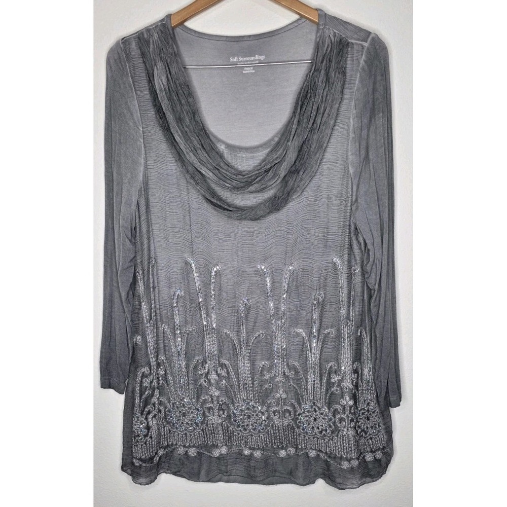 Soft Surrounding SILK Beaux Arts Tunic Sheer Embroidered Boho Romantic Gray PM
